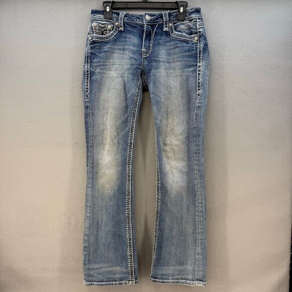 Rock Revival Jeans Womens 27 (4) Blue Anzelie Easy Boot Faux Pocket Flaps Blingy - Picture 3 of 16